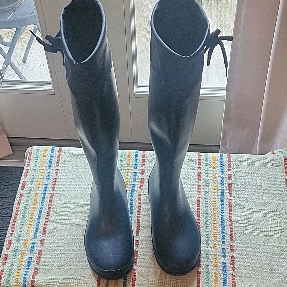 Women's Black Tall Rain Boots with Back Tie